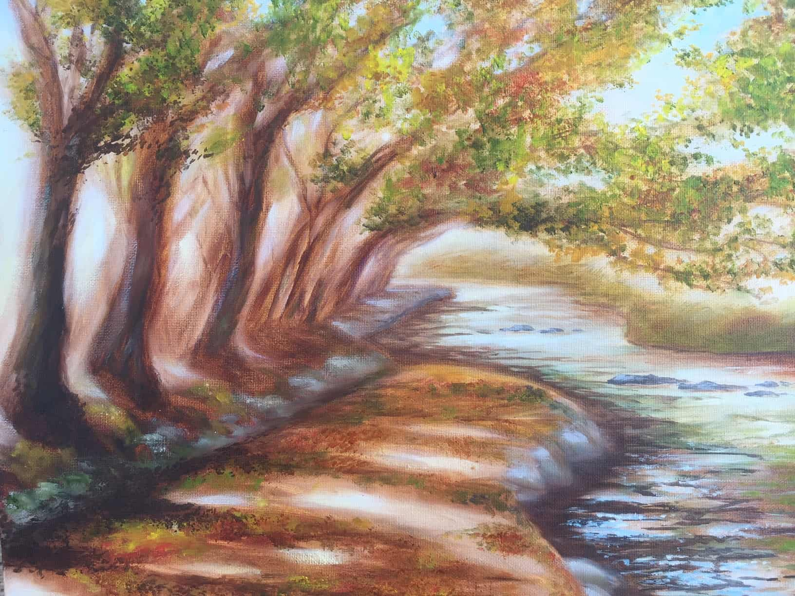 Riverside trees in oil