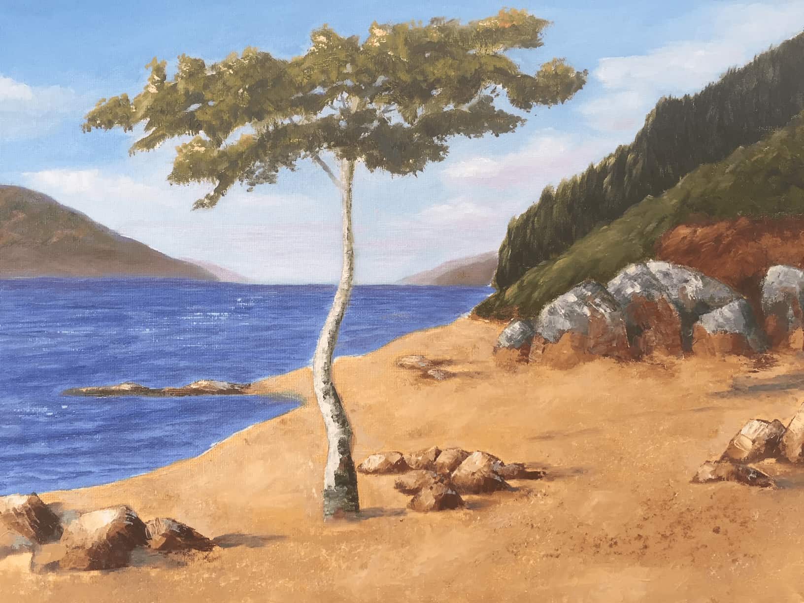 Lakeside tree in oil