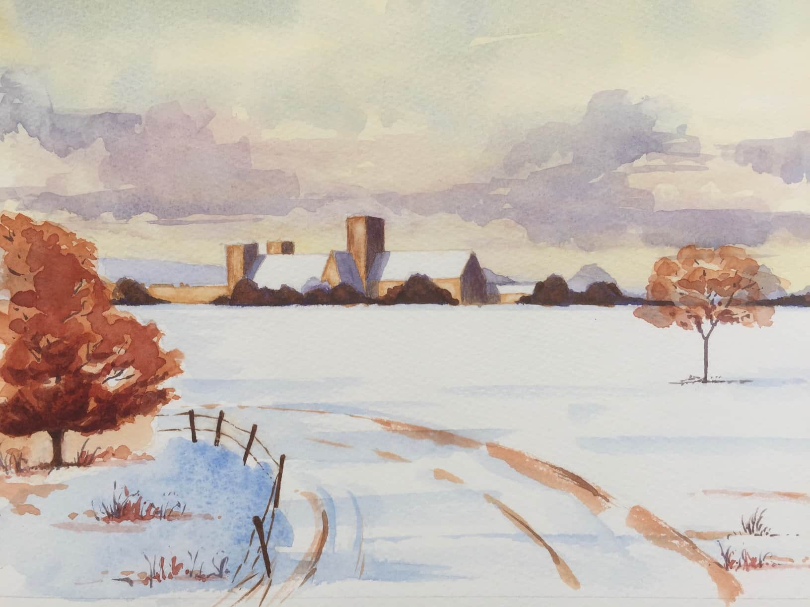 Cathedral in winter in watercolour